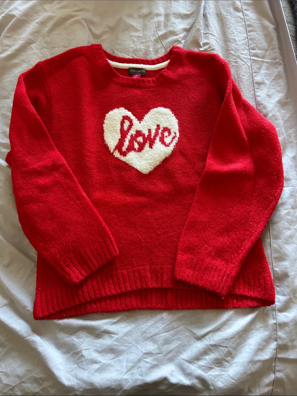 Vince Camuto Red Sweater with Cream Heart 'Love' Motif